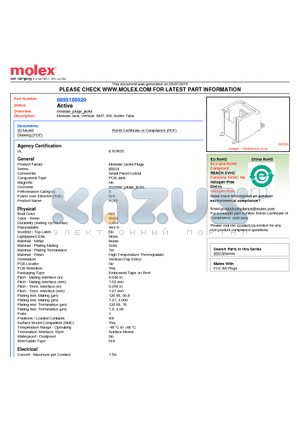 85510-5020 datasheet - Modular Jack, Vertical, SMT, 8/8, Solder Tabs