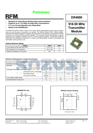 DR4000 datasheet - 916.50 MHz Transmitter Module