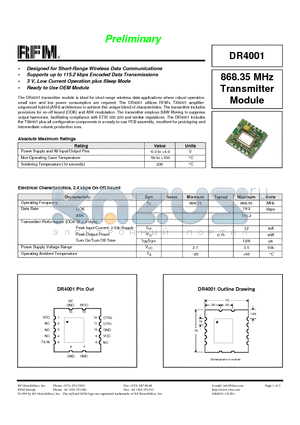 DR4001 datasheet - Transmitter Module