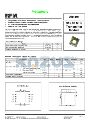 DR4101 datasheet - 315.00 MHz Transmitter Module