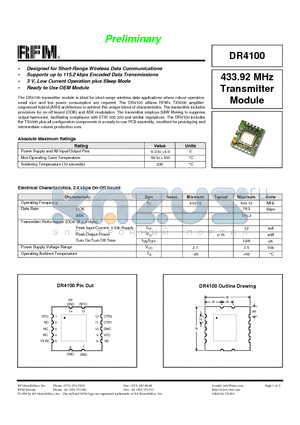 DR4100 datasheet - 433.92 MHz Transmitter Module