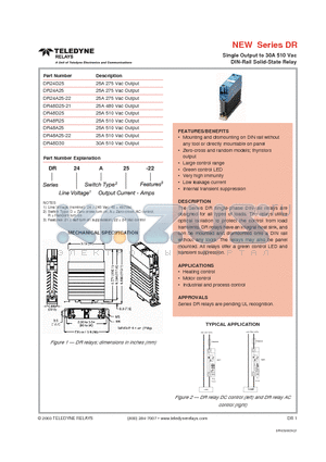 DR48D25 datasheet - Single Output to 30A 510 Vac DIN-Rail Solid-State Relay