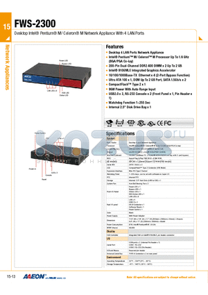 FWS-2300 datasheet - Desktop Intel Pentium M/ Celeron M Network Appliance With 4 LAN Ports