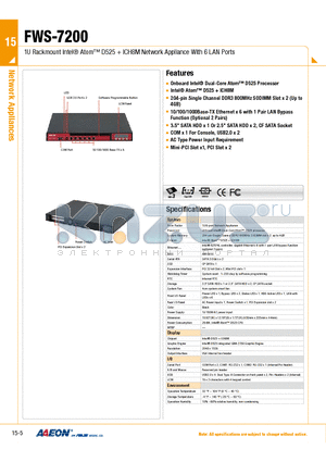 FWS-7200E6-H18-A10-00 datasheet - 1U Rackmount Intel Atom D525  ICH8M Network Appliance With 6 LAN Ports