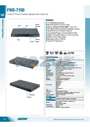 FWS-7150 datasheet - 1U VIA C7/ Eden Network Appliance With 5 LAN Ports