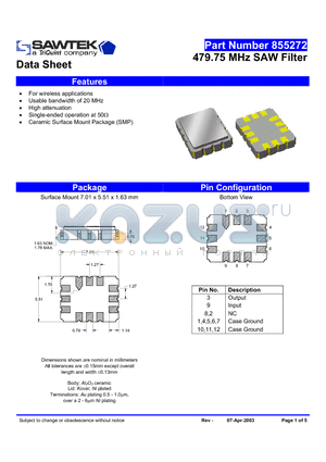 855272 datasheet - 479.75 MHz SAW Filter