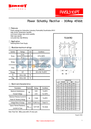 FWSL310PT datasheet - Power Schottky Rectifier - 30Amp 45Volt