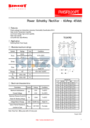 FWSR320PT datasheet - Power Schottky Rectifier - 60Amp 45Volt