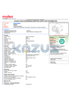 85543-5003 datasheet - Modular Jack, Right Angle, Fully Shielded, Through Hole, 8 Circuits, Cat5 Spring