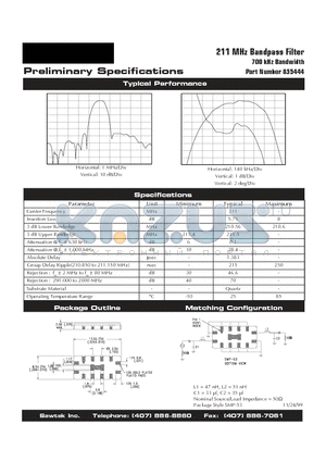 855444 datasheet - 211 MHz Bandpass Filter