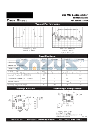 855559 datasheet - 398 MHz Bandpass Filter