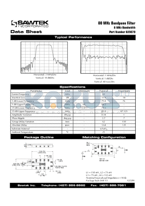 855679 datasheet - 80 MHz Bandpass Filter