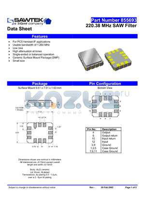 855693 datasheet - 220.38 MHz SAW Filter