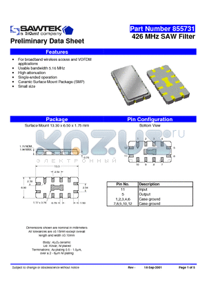 855731 datasheet - 426 MHz SAW Filter