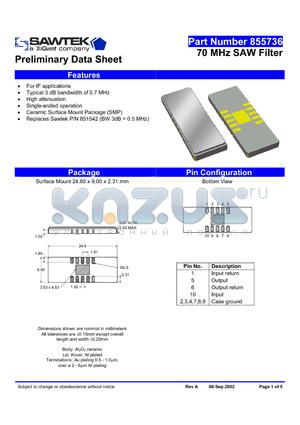 855736 datasheet - 70 MHz SAW Filter