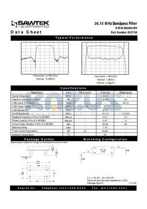 855748 datasheet - 36.15 MHz Bandpass Filter