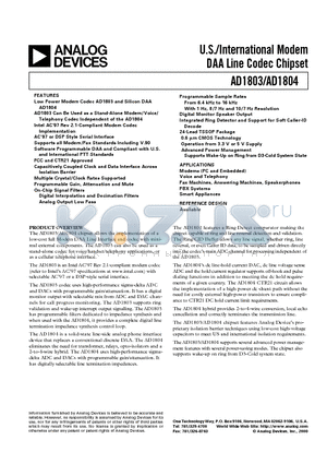 AD1803 datasheet - U.S./International Modem DAA Line Codec Chipset