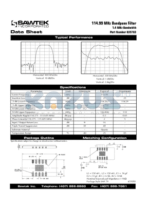 855783 datasheet - 114.99 MHz Bandpass Filter