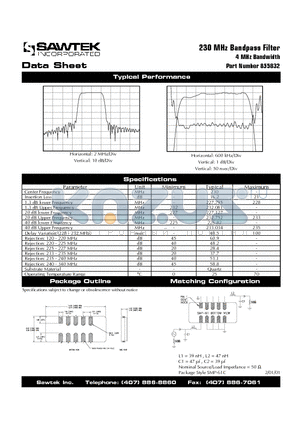 855832 datasheet - 230 MHz Bandpass Filter