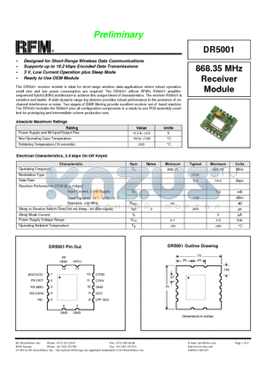 DR5001 datasheet - 868.35 MHz Receiver Module