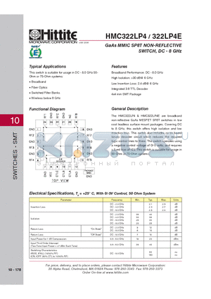 322LP4E datasheet - GaAs MMIC SP8T NON-REFLECTIVE SWITCH, DC - 8 GHz