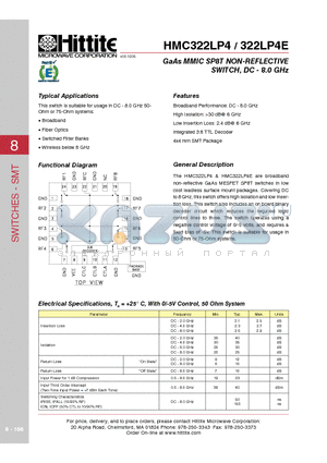 322LP4E datasheet - GaAs MMIC SP8T NON-REFLECTIVE SWITCH, DC - 8.0 GHz