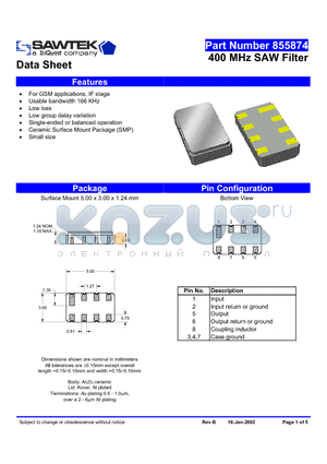 855874 datasheet - 400 MHz SAW Filter
