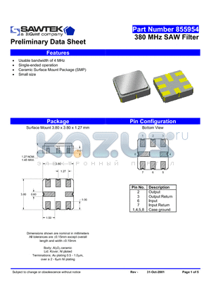 855954 datasheet - 380 MHz SAW Filter