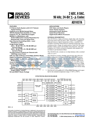 AD1837AASZ datasheet - 2 ADC, 8 DAC, 96 kHz, 24-Bit Codec