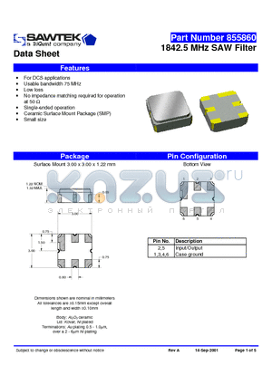 855860 datasheet - 1842.5 MHz SAW Filter