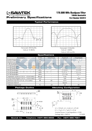 855912 datasheet - 170.600 MHz Bandpass Filter 180kHz Bandwidth