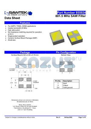 855924 datasheet - 881.5 MHz SAW Filter