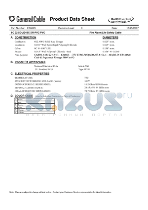 E1486S datasheet - 6C 22 SOLID BC SR-PVC PVC Fire Alarm/Life Safety Cable