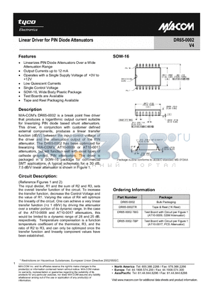 DR65-0002-TBG datasheet - Linear Driver for PIN Diode Attenuators