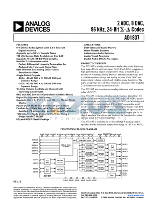 AD1837AS-REEL datasheet - 2 ADC, 8 DAC, 96 kHz, 24-Bit Codec