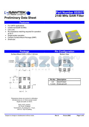 855937 datasheet - 2140 MHz SAW Filter