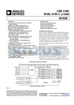 AD1838AAS-REEL datasheet - 2 ADC, 6 DAC, 96KHZ 24 BIT CODEC