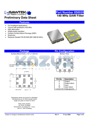 856020 datasheet - 140 MHz SAW Filter