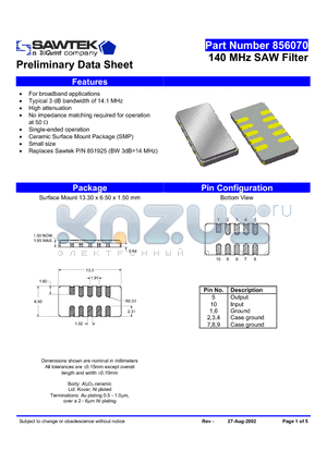 856070 datasheet - 140 MHz SAW Filter
