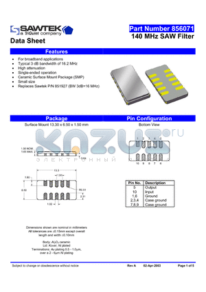 856071 datasheet - 140 MHz SAW Filter