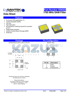 856082 datasheet - 1765 MHz SAW Filter