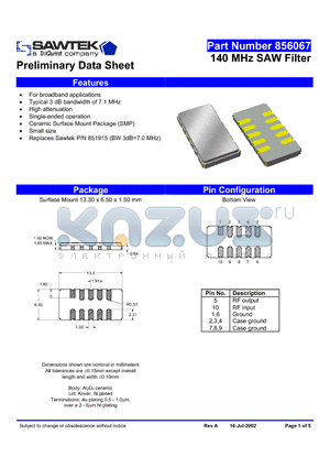 856067 datasheet - 140 MHz SAW Filter