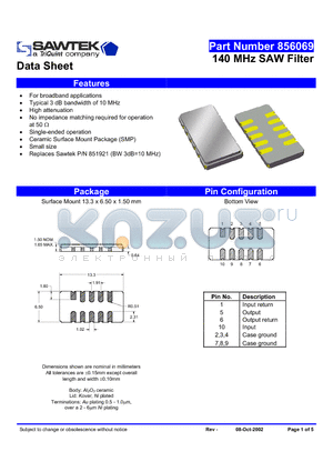 856069 datasheet - 140 MHz SAW Filter