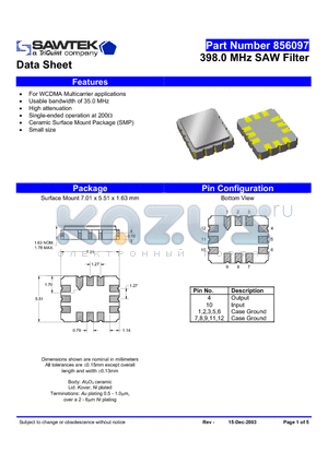 856097 datasheet - 398.0 MHz SAW Filter