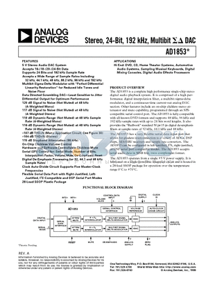 AD1853JRSRL datasheet - Stereo, 24-Bit, 192 kHz, Multibit DAC