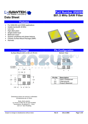 856099 datasheet - 881.5 MHz SAW Filter