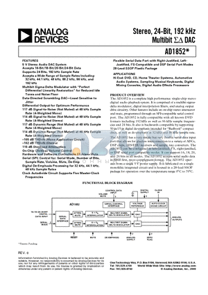 AD1852JRS datasheet - Stereo, 24-Bit, 192 kHz Multibit DAC