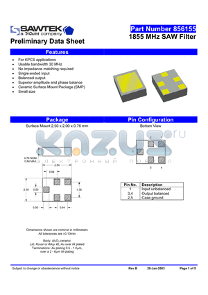 856155 datasheet - 1855 MHz SAW Filter