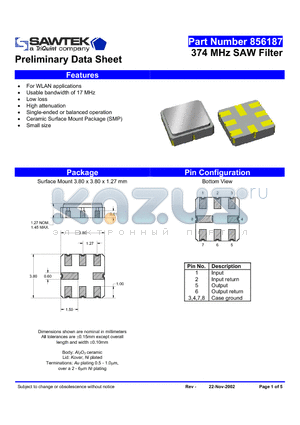 856187 datasheet - 374 MHz SAW Filter