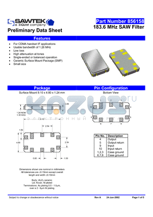 856158 datasheet - 183.6 MHz SAW Filter